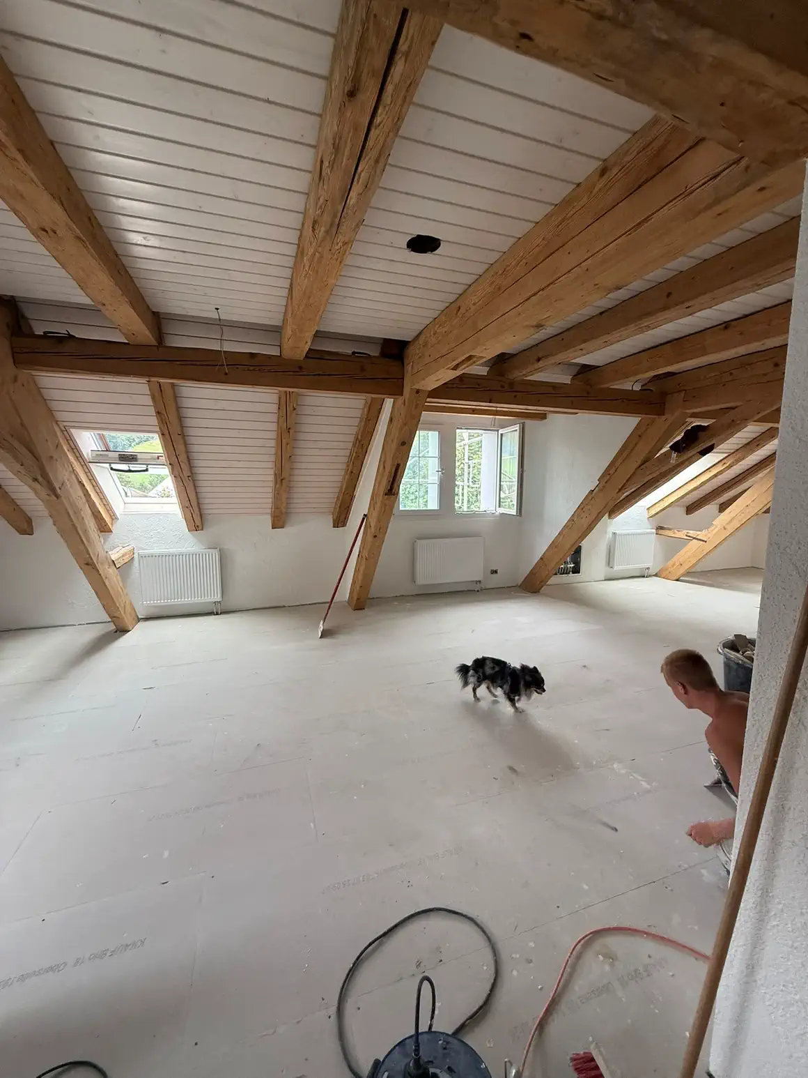 Offener Dachraum mit weiss verputzten Schrägen und sichtbarem Balkenwerk